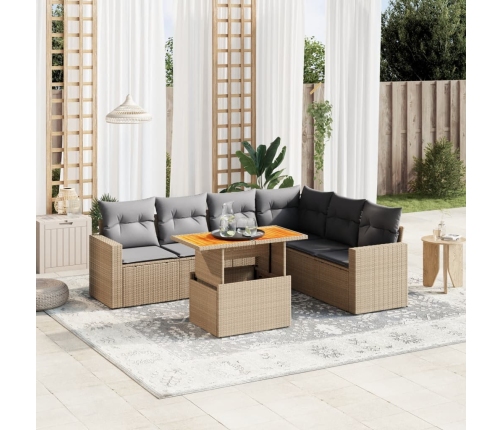 Set sofás de jardín 7 piezas y cojines ratán sintético beige
