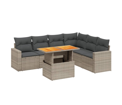 Set de sofás de jardín 7 piezas con cojines ratán PE gris