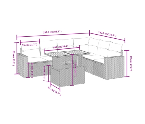 Set de sofás de jardín 7 piezas con cojines ratán PE gris