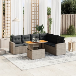 Set de sofás de jardín 7 piezas con cojines ratán PE gris