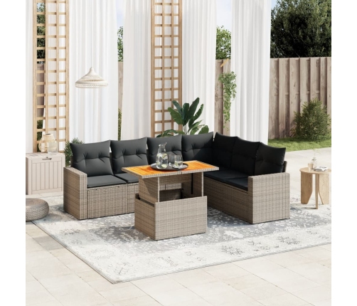 Set de sofás de jardín 7 piezas con cojines ratán PE gris
