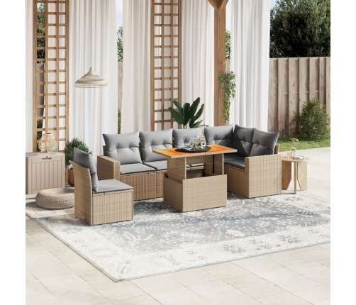 Set sofás de jardín 7 piezas y cojines ratán sintético beige