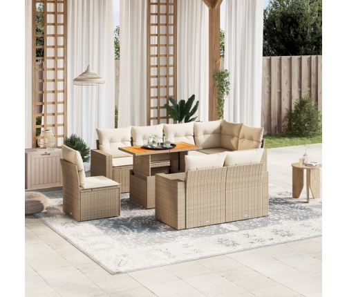 Set de sofás de jardín 9 pzas con cojines ratán sintético beige
