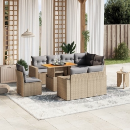 Set de sofás de jardín 9 pzas con cojines ratán sintético beige