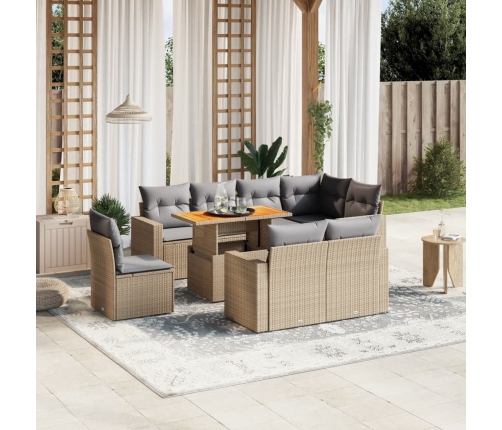 Set de sofás de jardín 9 pzas con cojines ratán sintético beige