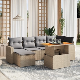 Set sofás de jardín 7 piezas y cojines ratán sintético beige