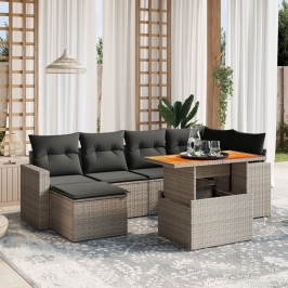 Set de sofás de jardín 7 piezas con cojines ratán PE gris
