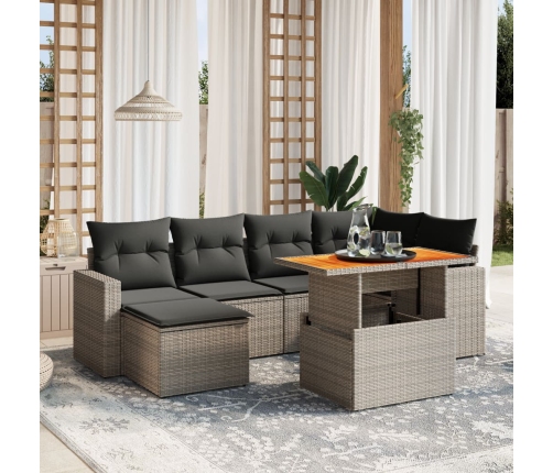 Set de sofás de jardín 7 piezas con cojines ratán PE gris