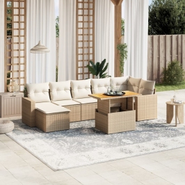 Juego de sofás de jardín con cojines beige 8 pzas ratán PE