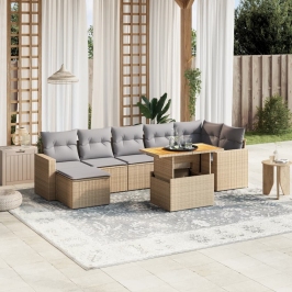 Juego de sofás de jardín con cojines beige 8 pzas ratán PE