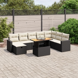 Set de sofás de jardín 8 piezas y cojines ratán sintético negro