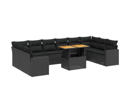 Set de sofás de jardín 11 pzas y cojines ratán sintético negro