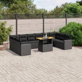 Set de sofás de jardín 11 pzas y cojines ratán sintético negro