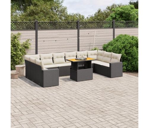 Set de sofás de jardín 11 pzas y cojines ratán sintético negro