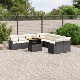 Set de sofás de jardín 11 pzas y cojines ratán sintético negro