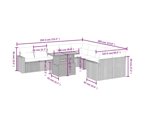 Set de sofás de jardín 11pzas con cojines ratán sintético beige