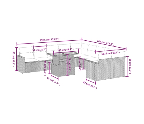 Set de sofás de jardín 11pzas con cojines ratán sintético beige