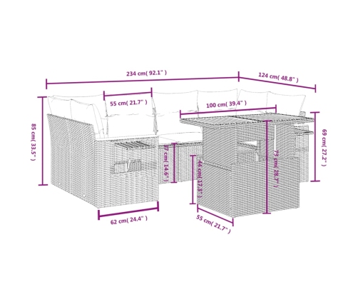 Set de comedor de jardín 7 pzas y cojines ratán sintético negro