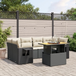 Set de comedor de jardín 7 pzas y cojines ratán sintético negro