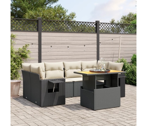 Set de comedor de jardín 7 pzas y cojines ratán sintético negro