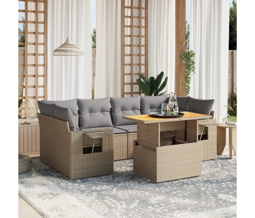 Set sofás de jardín 7 piezas y cojines ratán sintético beige