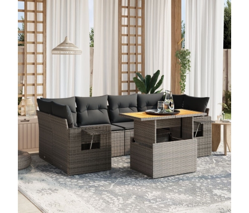 Set de sofás de jardín 7 piezas con cojines ratán PE gris