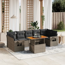 Set de sofás de jardín 8 pzas y cojines ratán sintético gris