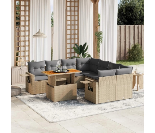 Set de sofás de jardín con cojines 9 pzas ratán sintético beige