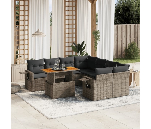Set de sofás de jardín con cojines 9 pzas ratán sintético gris