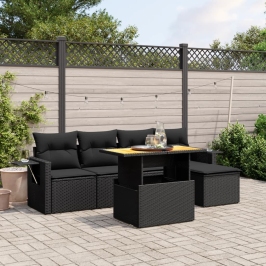 Set de sofás de jardín 6 piezas y cojines ratán sintético negro