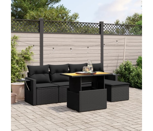Set de sofás de jardín 6 piezas y cojines ratán sintético negro