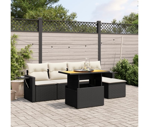 Set de sofás de jardín 6 piezas y cojines ratán sintético negro