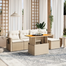 Juego de sofás jardín con cojines 6 pzas ratán sintético beige