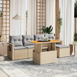 Juego de sofás jardín con cojines 6 pzas ratán sintético beige