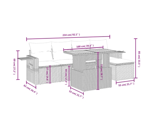 Set de muebles de jardín 6 pzas y cojines ratán sintético gris