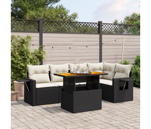 Set de sofás de jardín 6 piezas y cojines ratán sintético negro