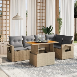 Juego de sofás jardín con cojines 6 pzas ratán sintético beige