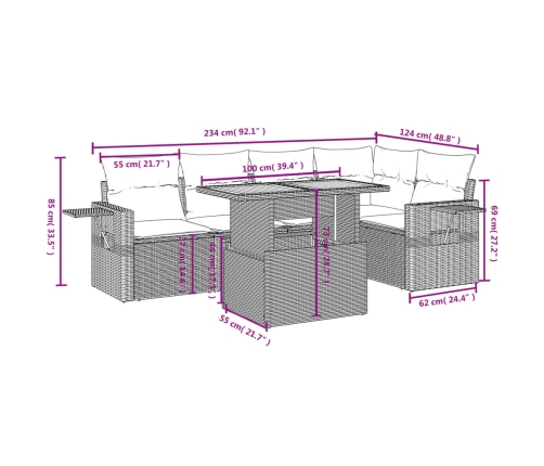Set de muebles de jardín 6 pzas y cojines ratán sintético gris