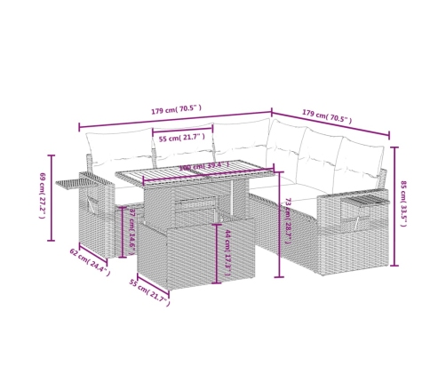 Set de muebles de jardín 6 pzas y cojines ratán sintético gris