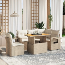 Juego de sofás jardín con cojines 6 pzas ratán sintético beige