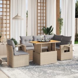 Juego de sofás jardín con cojines 6 pzas ratán sintético beige