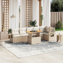 Set sofás de jardín 7 piezas y cojines ratán sintético beige