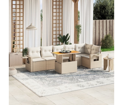 Set sofás de jardín 7 piezas y cojines ratán sintético beige