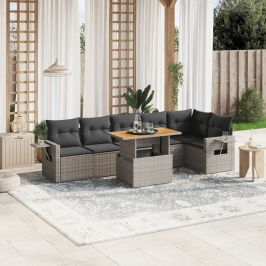 Set de sofás de jardín 7 piezas con cojines ratán PE gris