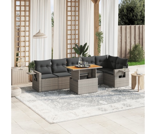 Set de sofás de jardín 7 piezas con cojines ratán PE gris
