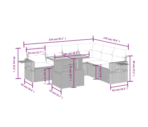 Set de comedor de jardín 7 pzas y cojines ratán sintético negro