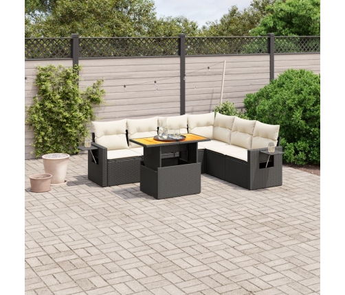 Set de comedor de jardín 7 pzas y cojines ratán sintético negro