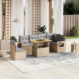 Set sofás de jardín 7 piezas y cojines ratán sintético beige