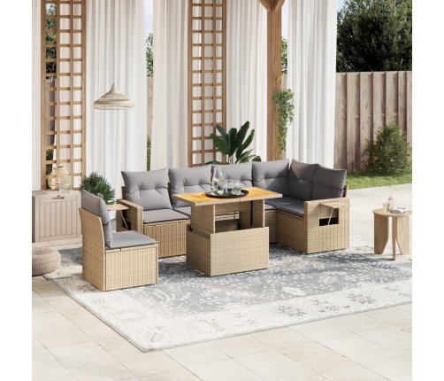 Set sofás de jardín 7 piezas y cojines ratán sintético beige