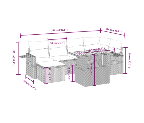 Set de comedor de jardín 7 pzas y cojines ratán sintético negro